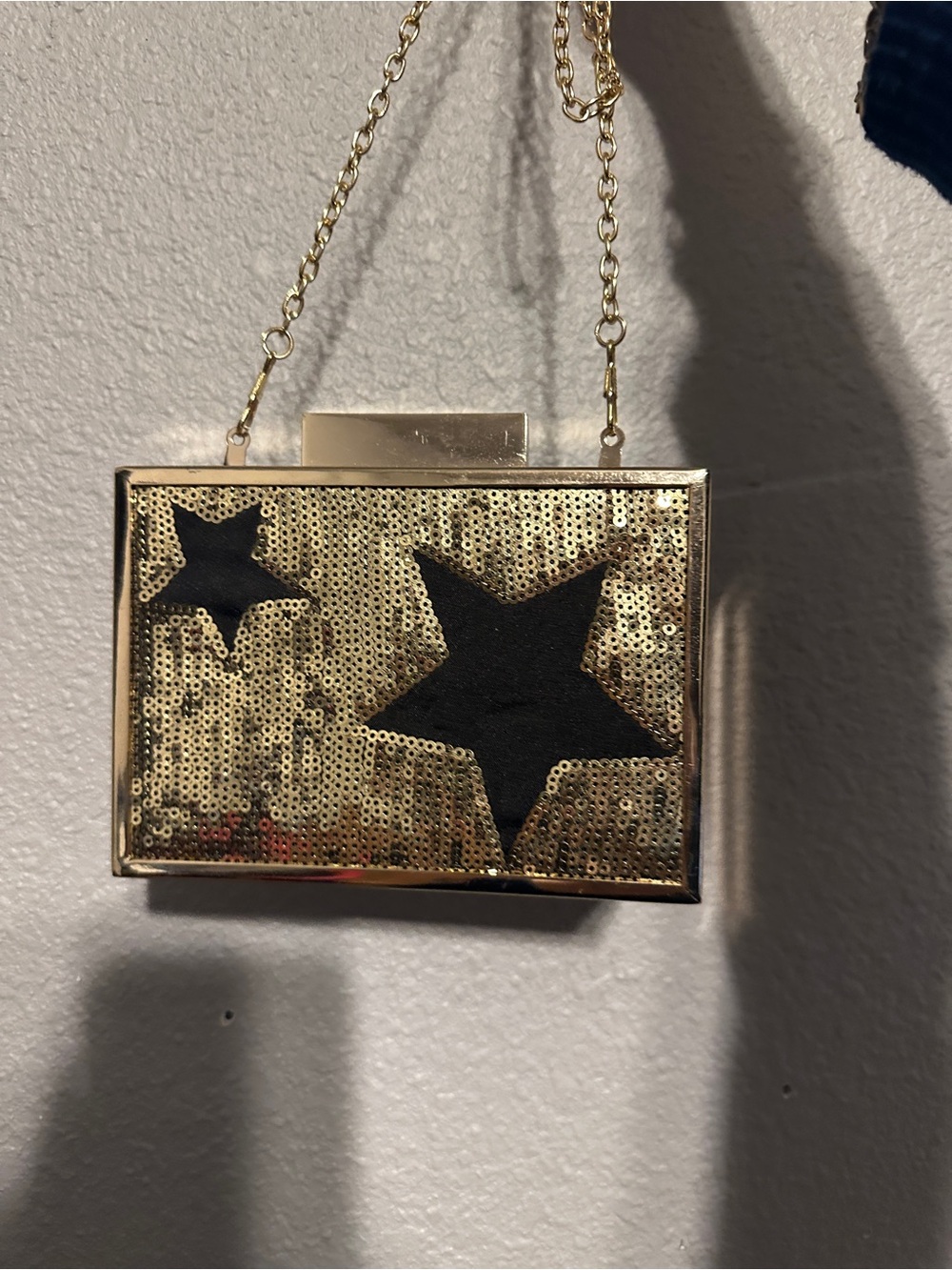Nasty Gal Gold Sequin Star Box Clutch with Black Star Detail- Perfect condition